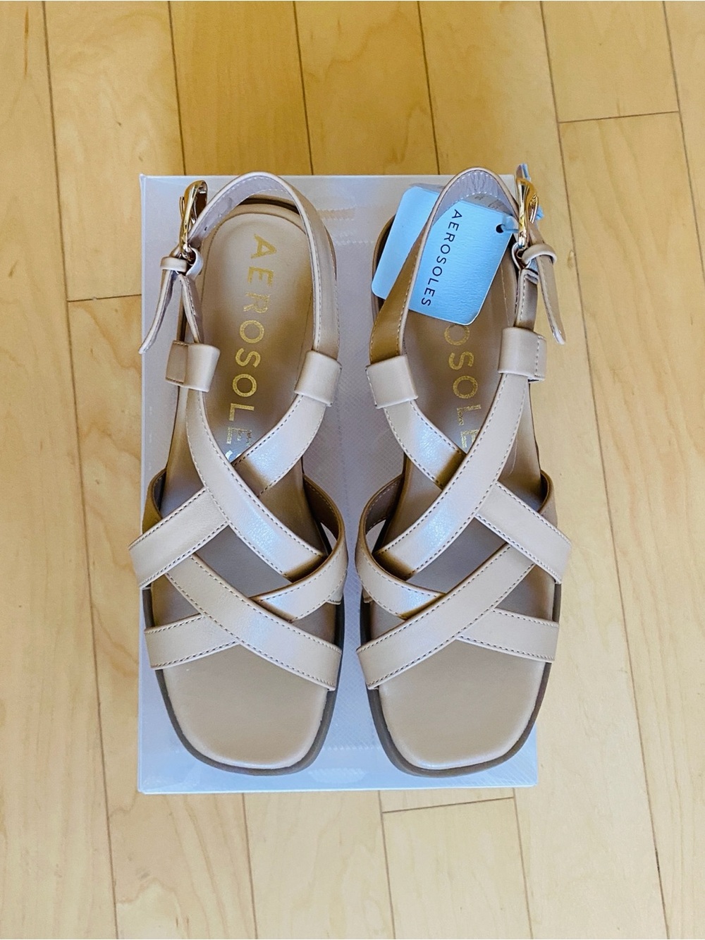 AEROSOLES Neutral Beige Crisscross Ankle-Strap Sandals